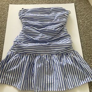 Blue and White Striped Strapless Dress